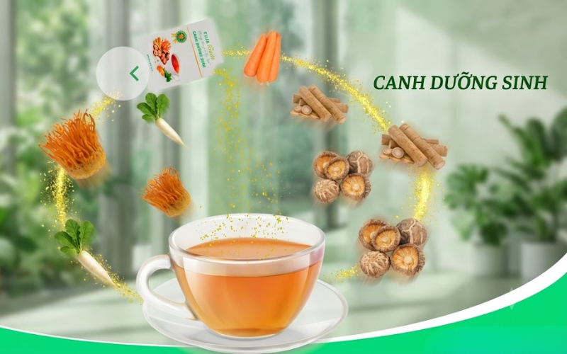 Công thức canh dưỡng sinh được tạo nên từ 5 loại rau củ gồm: củ cải trắng, lá củ cải trắng, cà rốt, ngưu bàng và nấm đông cô