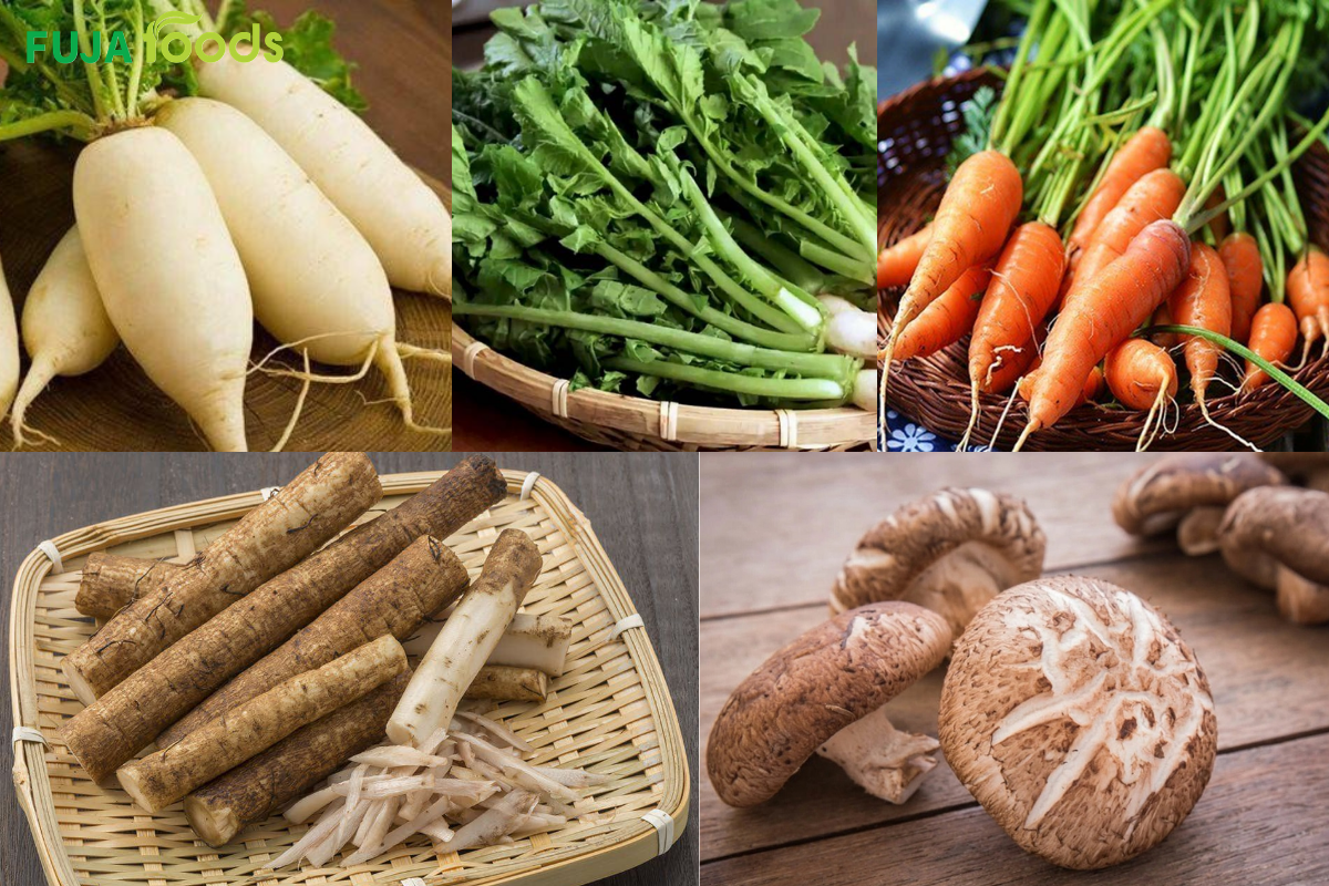 5 nguyên liệu gồm củ cải trắng cà rốt ngưu bàng lá củ cải và nấm đông cô